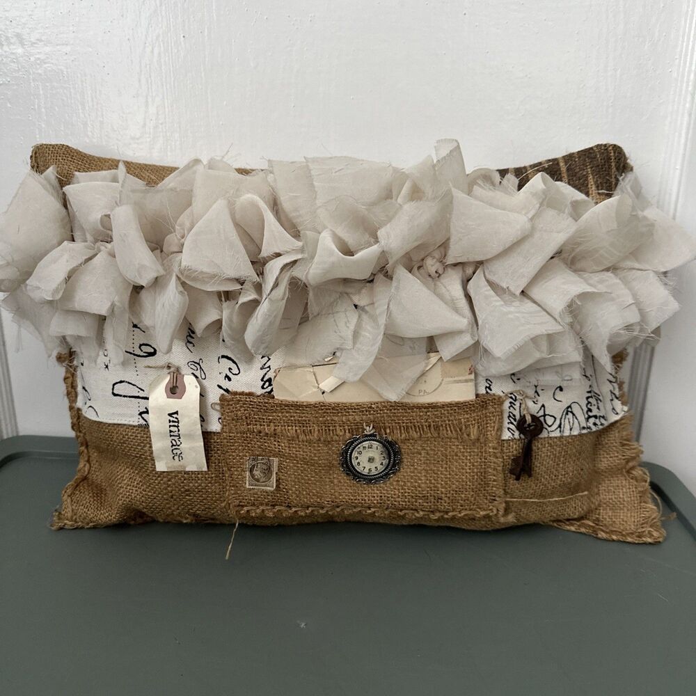 Vintage Burlap Pillow Organza Ruffles  Handwritten Letter Shabby Chic Farmhouse